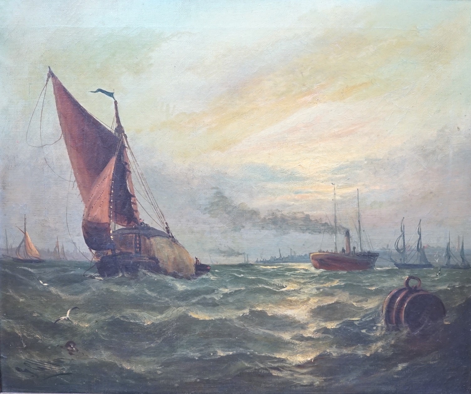 English School c.1900, oil on canvas, Evening on the Thames, indistinctly signed, 41 x 49cm